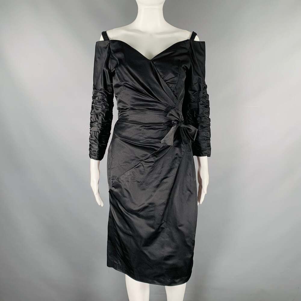 VICTOR COSTA Size 4 Black Silk Rayon Ruched Off-Shoulder Cocktail Dress
